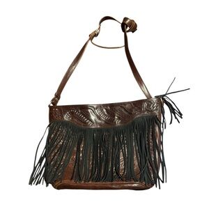 Leaders in Leather Fringe Leather Shoulder Bag - Brown